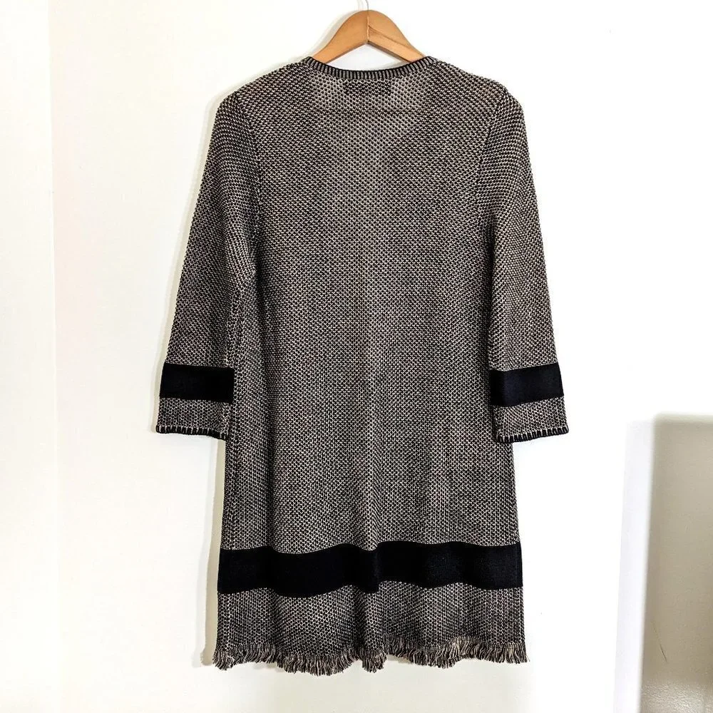 Kasper Cotton Popcorn Stitch Fringe Cardigan Sweater Tan/Black Tweed ‎ Size M